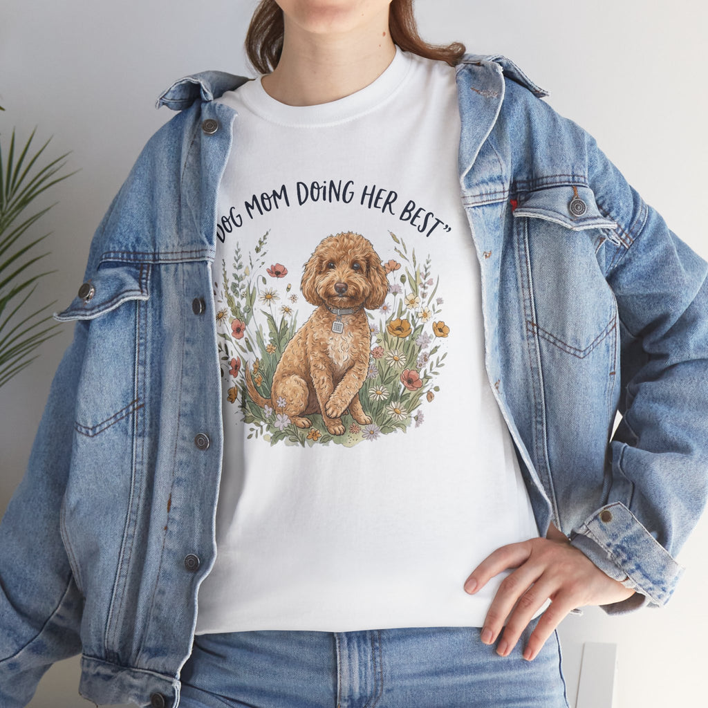 Dog Mom Tee — "Dog Mom Doing Her Best" Floral Goldendoodle Shirt