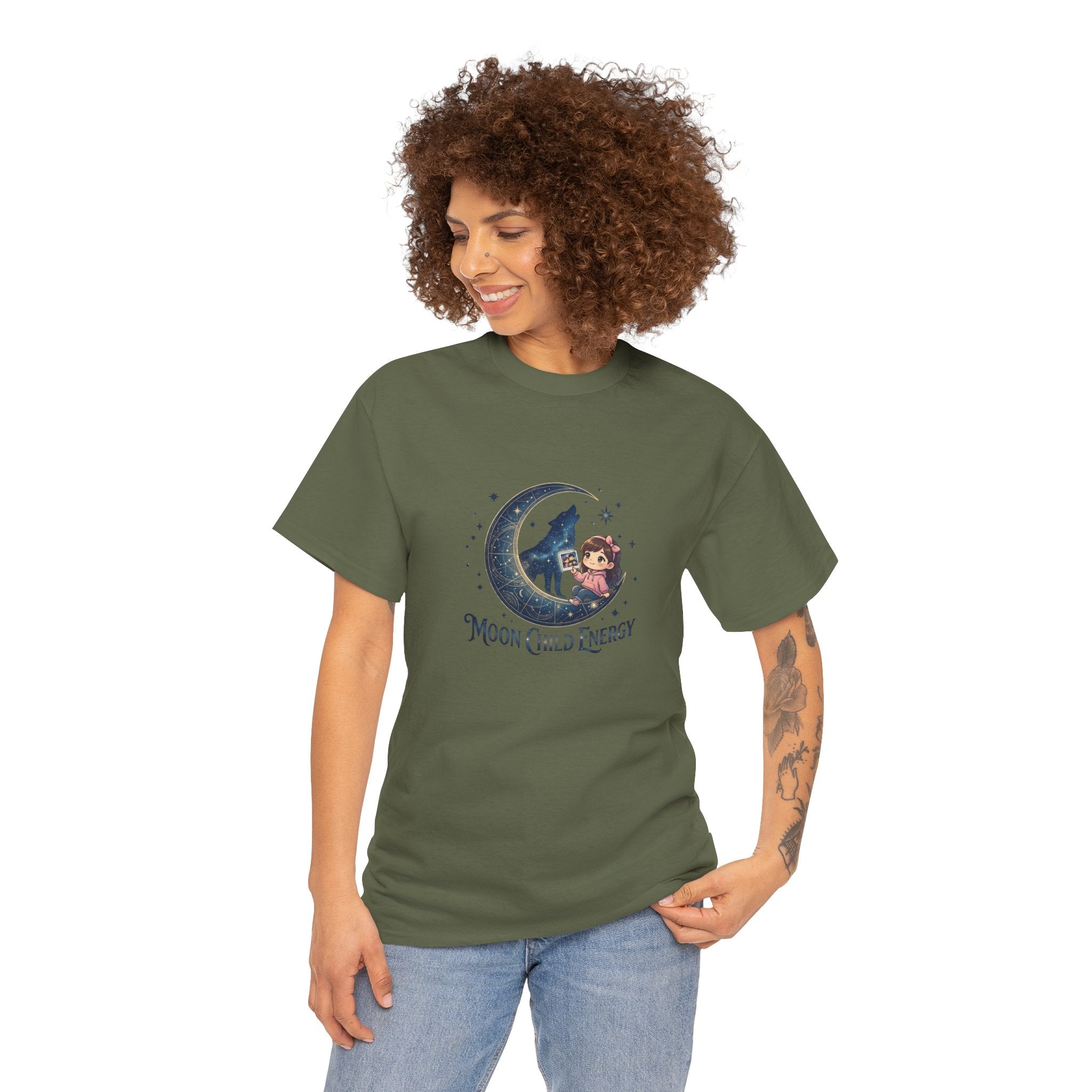 Moon Child Energy T-Shirt — Cute Wolf & Moon Graphic Tee